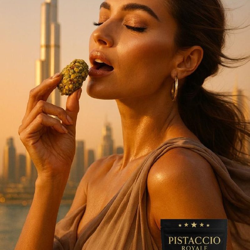 Pieza de campaña de Pistaccio Royale con el Burj Khalifa de fondo